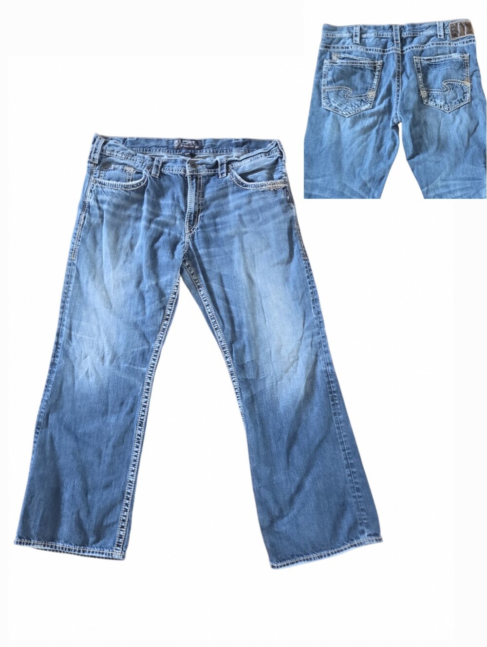 Silver Jeans Co Zac Mens 40x32 Medium Blue Relaxed Straight Denim Thick Stitch